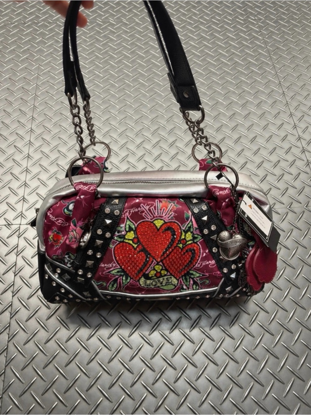 Ed Hardy Pink Shoulder Bag with Red Heart Embellishments